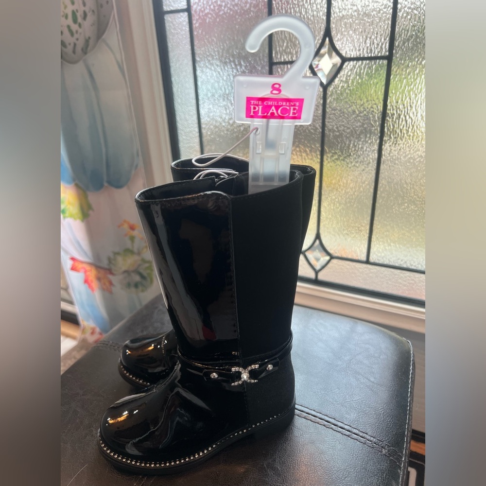 The Children's Place Shiny Black Boots with Silver Details size 8 Toddler